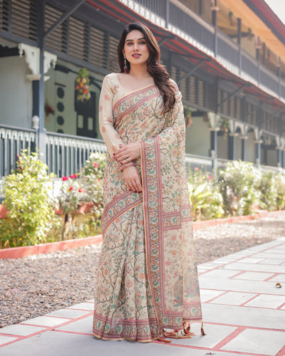 Ivory Handloom Cotton-Linen Saree with Floral and Peacock Motifs, Zari Highlights, and Tassel Finish