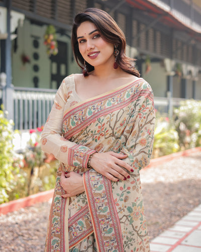 Ivory Handloom Cotton-Linen Saree with Floral and Peacock Motifs, Zari Highlights, and Tassel Finish