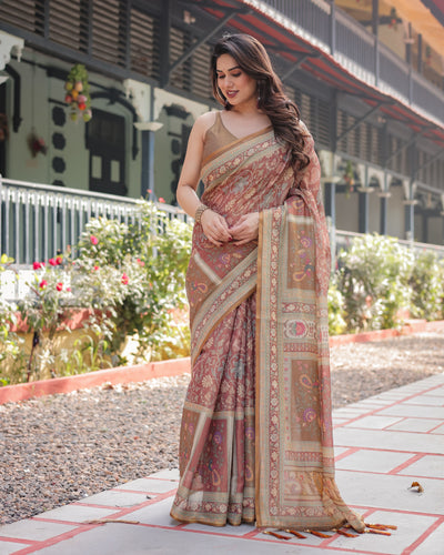 Rust and Gold Handloom Cotton-Linen Saree with Floral Motifs and Rich Zari Border