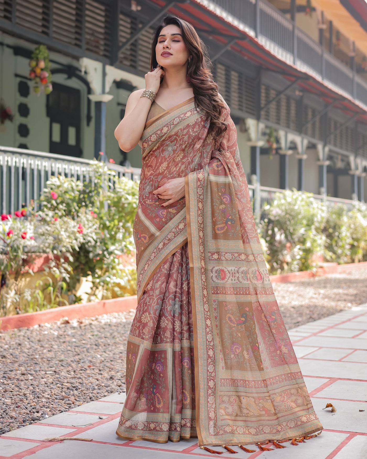 Rust and Gold Handloom Cotton-Linen Saree with Floral Motifs and Rich Zari Border