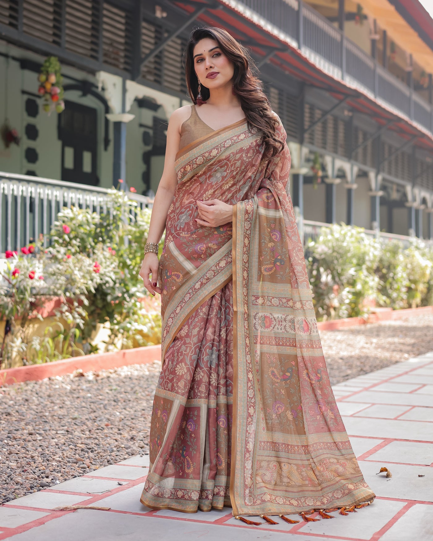 Rust and Gold Handloom Cotton-Linen Saree with Floral Motifs and Rich Zari Border