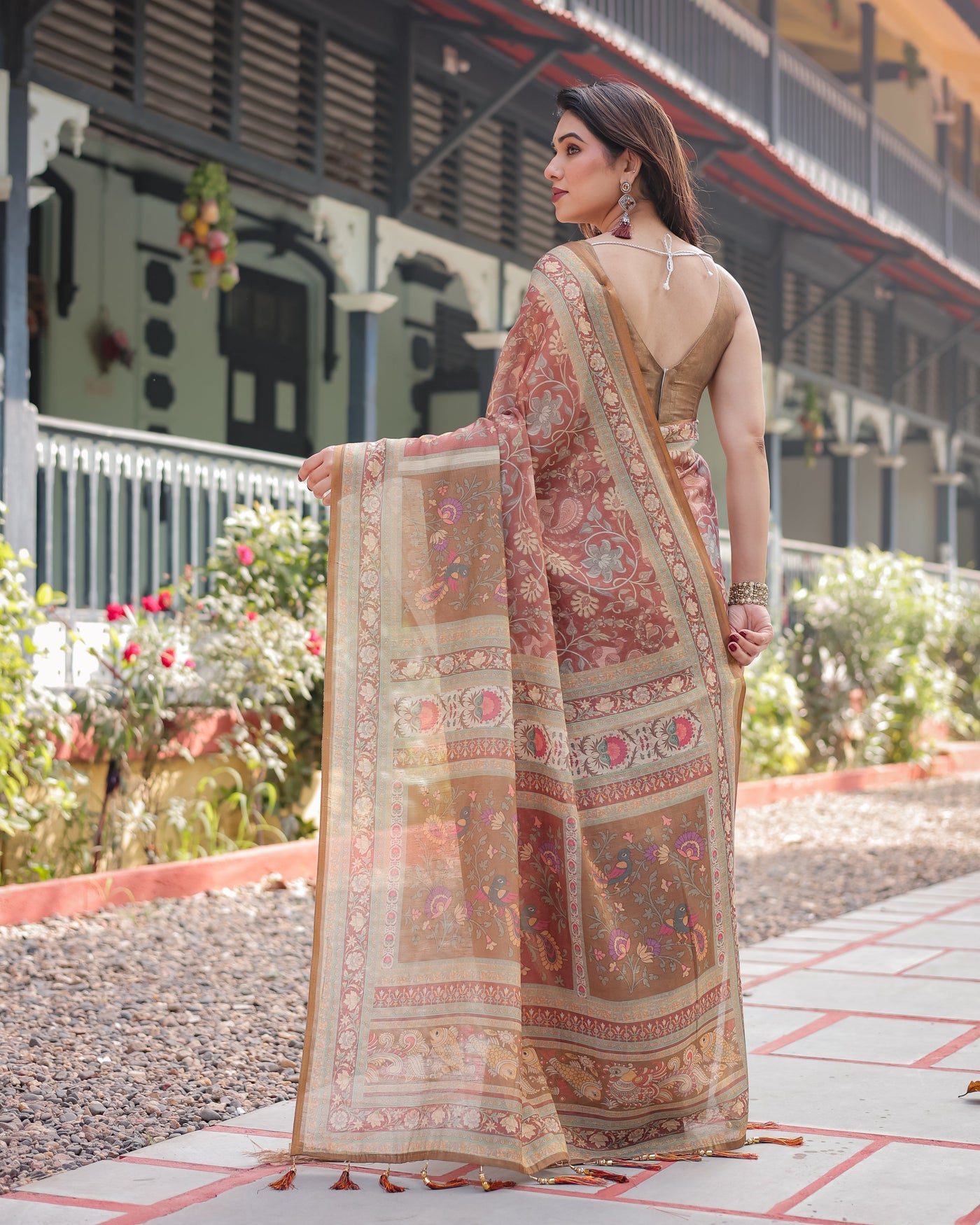 Rust and Gold Handloom Cotton-Linen Saree with Floral Motifs and Rich Zari Border