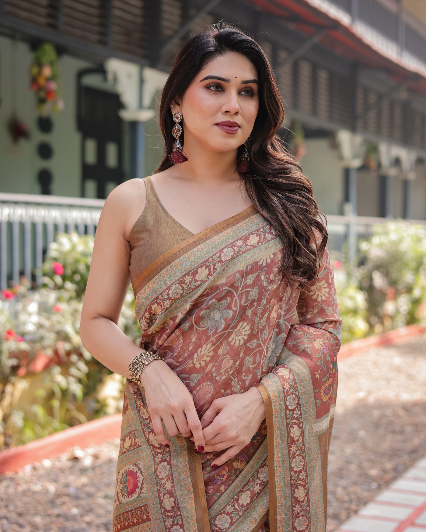 Rust and Gold Handloom Cotton-Linen Saree with Floral Motifs and Rich Zari Border