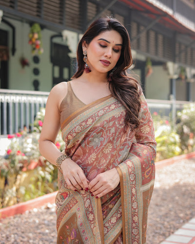 Rust and Gold Handloom Cotton-Linen Saree with Floral Motifs and Rich Zari Border