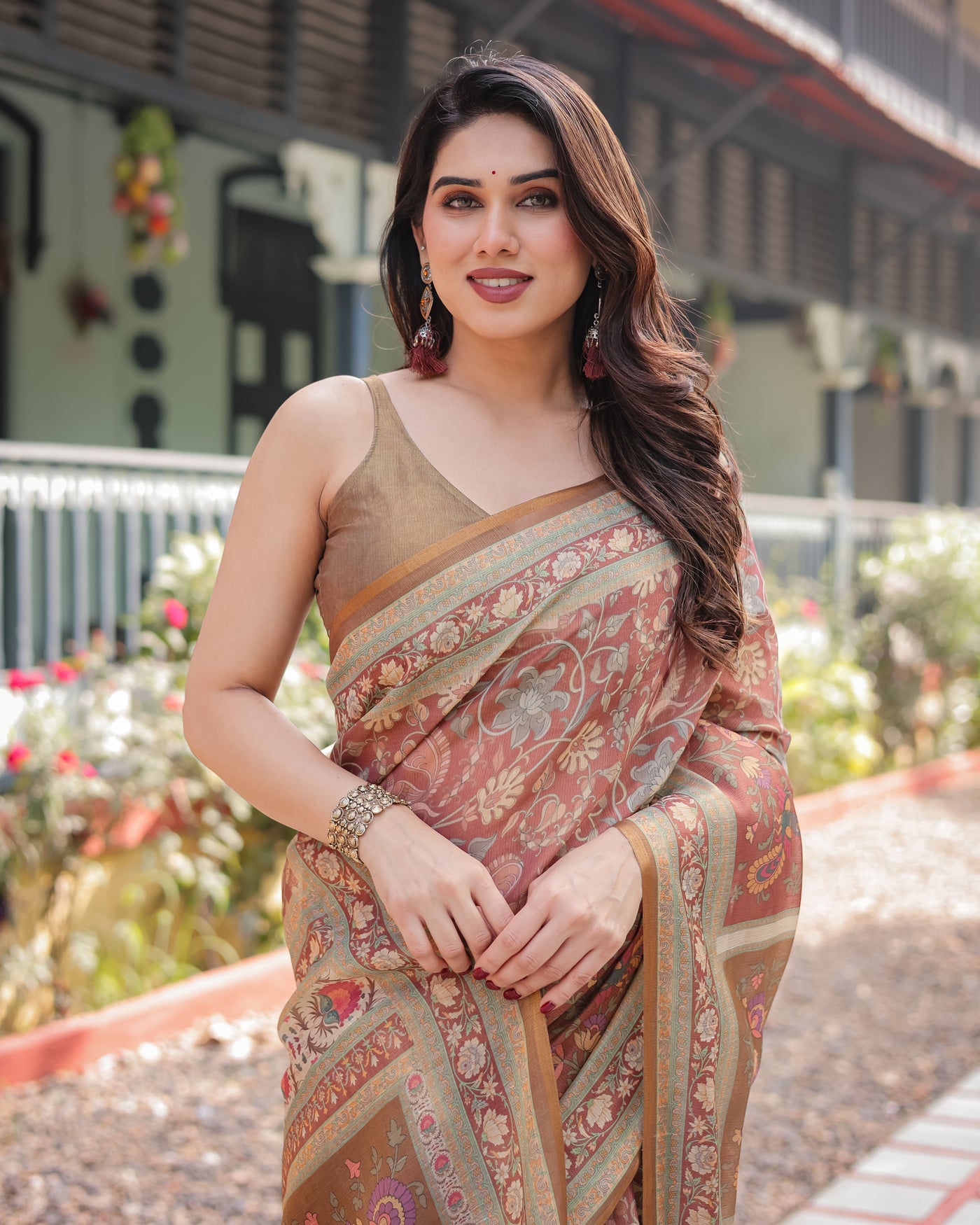 Rust and Gold Handloom Cotton-Linen Saree with Floral Motifs and Rich Zari Border