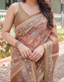 Rust and Gold Handloom Cotton-Linen Saree with Floral Motifs and Rich Zari Border