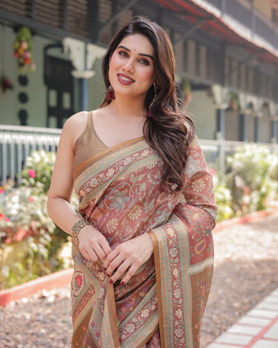 Rust and Gold Handloom Cotton-Linen Saree with Floral Motifs and Rich Zari Border