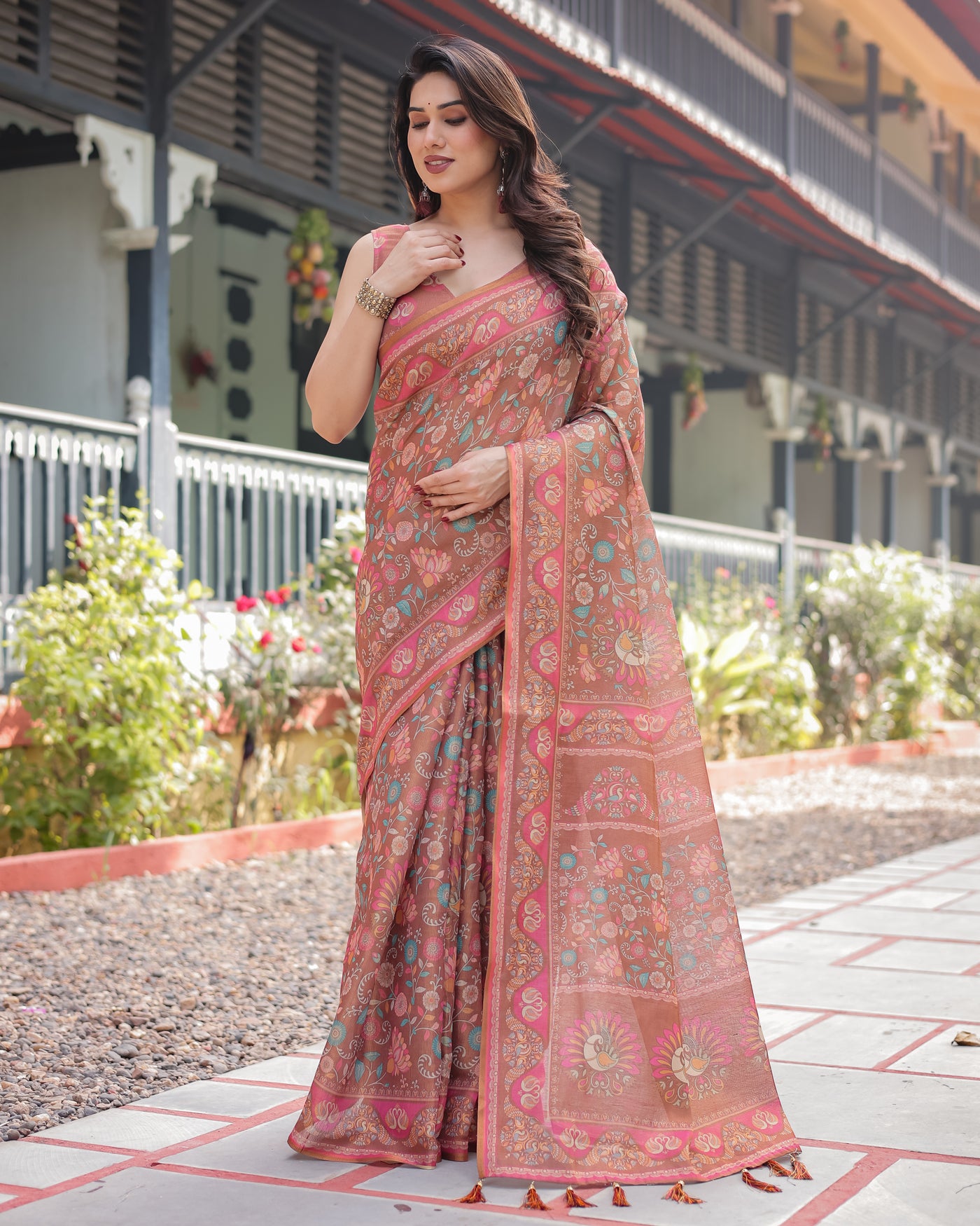 Copper Brown Handloom Cotton-Linen Saree with Floral Motifs and Vibrant Pink Accents