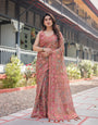 Copper Brown Handloom Cotton-Linen Saree with Floral Motifs and Vibrant Pink Accents