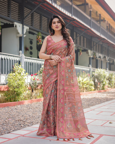 Copper Brown Handloom Cotton-Linen Saree with Floral Motifs and Vibrant Pink Accents