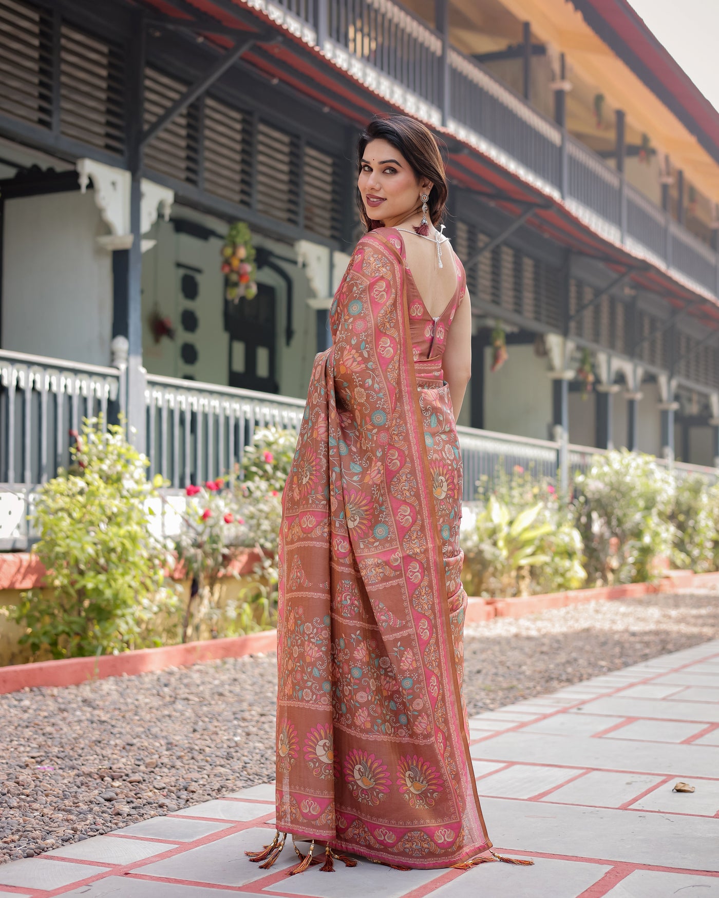 Copper Brown Handloom Cotton-Linen Saree with Floral Motifs and Vibrant Pink Accents