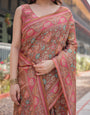 Copper Brown Handloom Cotton-Linen Saree with Floral Motifs and Vibrant Pink Accents