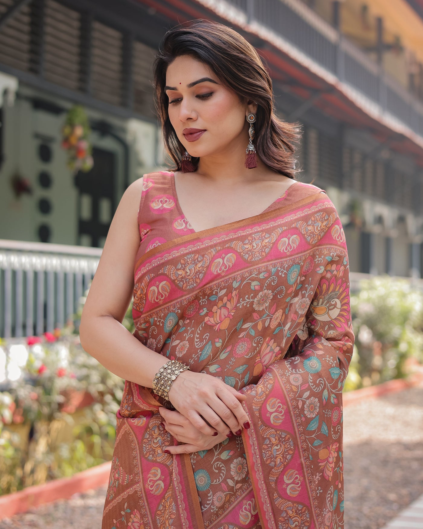 Copper Brown Handloom Cotton-Linen Saree with Floral Motifs and Vibrant Pink Accents