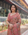 Copper Brown Handloom Cotton-Linen Saree with Floral Motifs and Vibrant Pink Accents