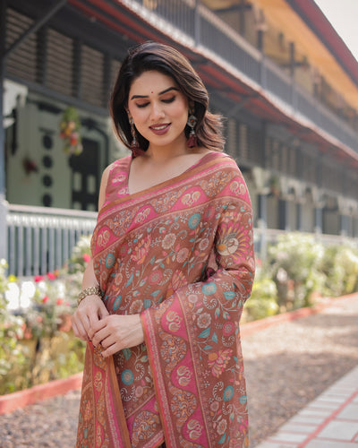 Copper Brown Handloom Cotton-Linen Saree with Floral Motifs and Vibrant Pink Accents