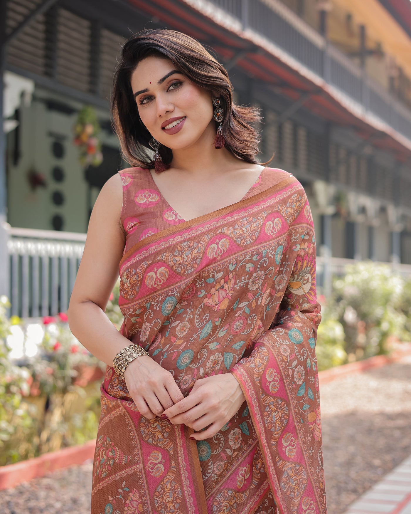 Copper Brown Handloom Cotton-Linen Saree with Floral Motifs and Vibrant Pink Accents