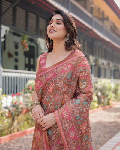 Copper Brown Handloom Cotton-Linen Saree with Floral Motifs and Vibrant Pink Accents