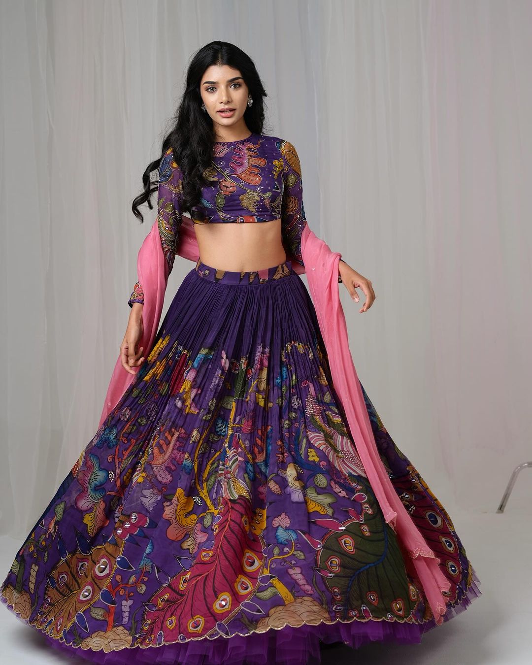 Purple Kalamkari Printed Lehenga Choli Set with Pink Organza Dupatta