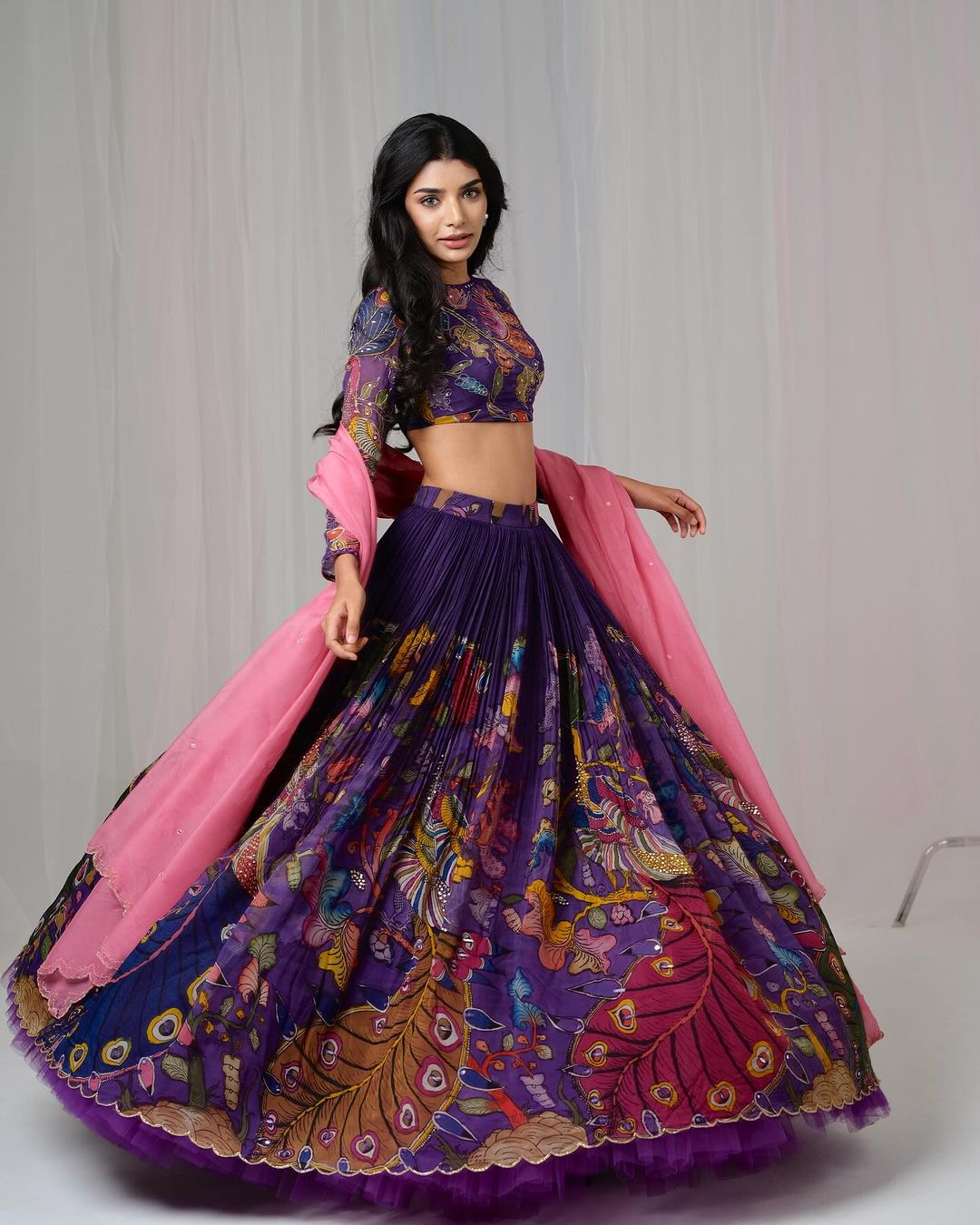 Purple Kalamkari Printed Lehenga Choli Set with Pink Organza Dupatta