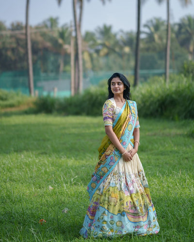 Pastel Kalamkari Printed Lehenga Choli Set with Contrasting Dupatta