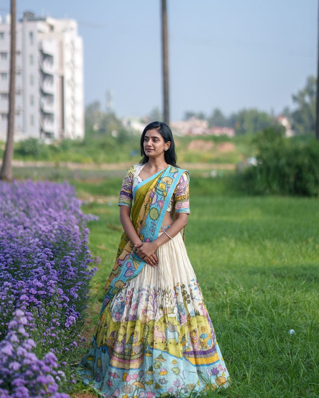 Pastel Kalamkari Printed Lehenga Choli Set with Contrasting Dupatta