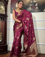 Wine Pure Banarasi Silk Saree With Twirling Blouse Piece