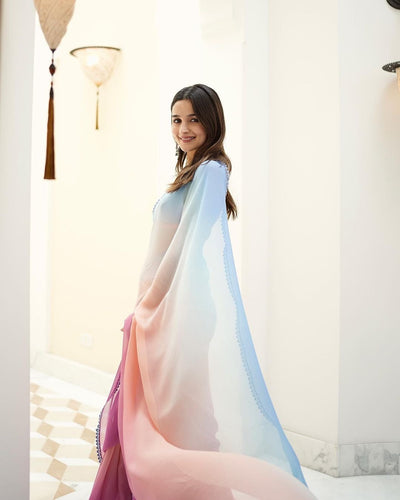 ALIA BHAT In Stunning Multi Coloured Pure Georgette Saree - Almaari Fashion