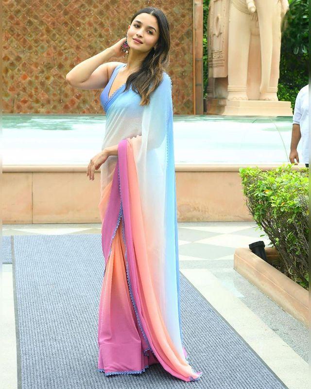 ALIA BHAT In Stunning Multi Coloured Pure Georgette Saree - Almaari Fashion