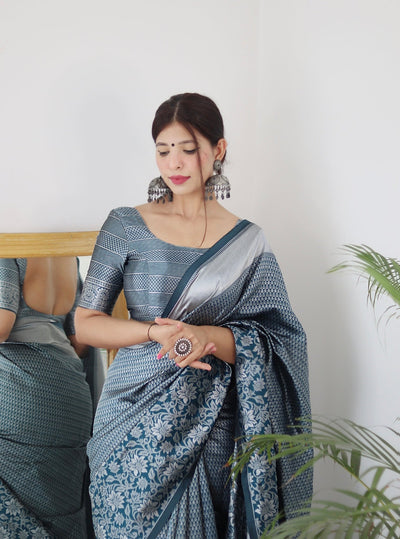 Aqua Blue Pure Banarasi Silk Saree With Twirling Blouse Piece - Almaari Fashion