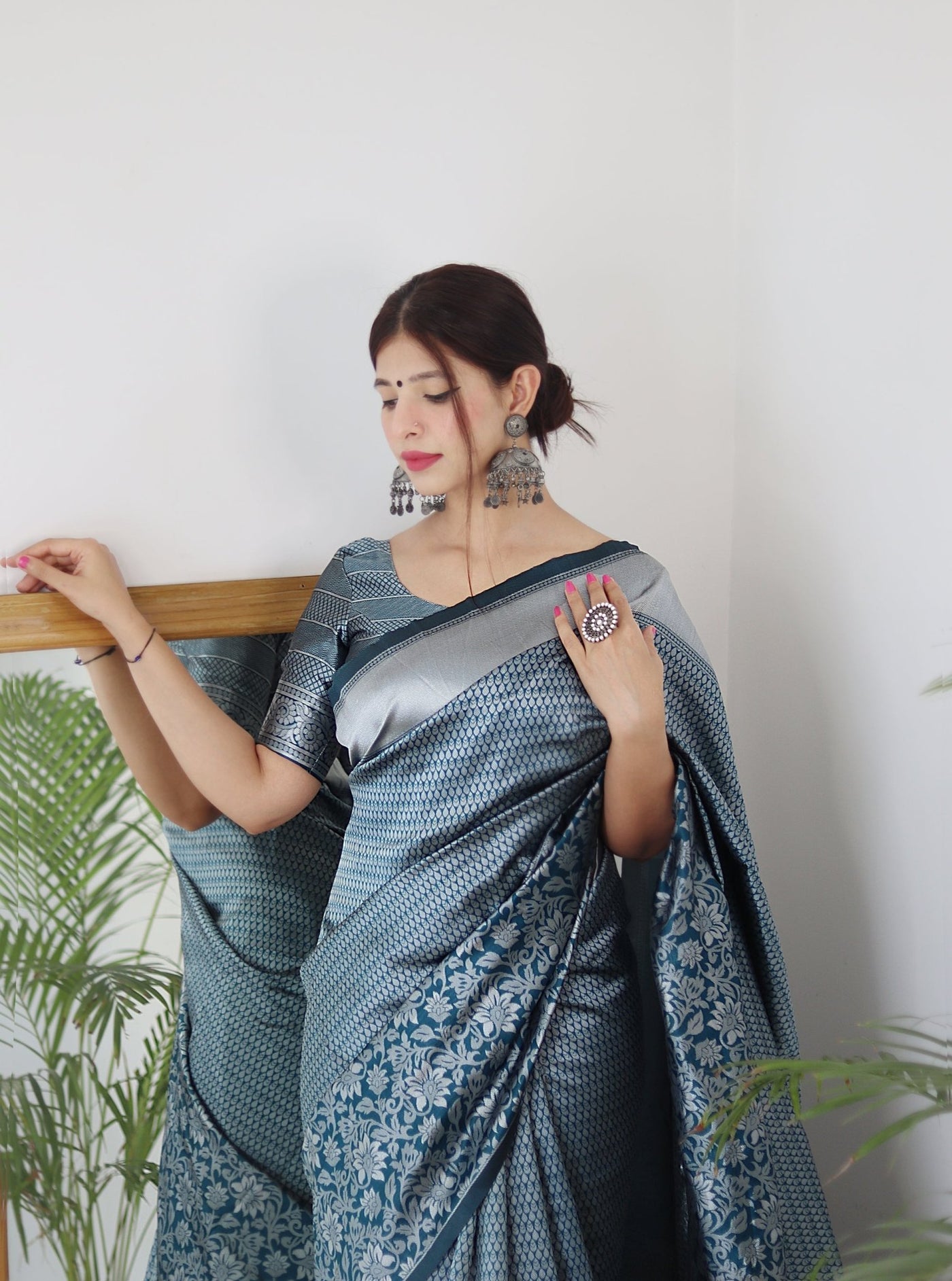 Aqua Blue Pure Banarasi Silk Saree With Twirling Blouse Piece - Almaari Fashion