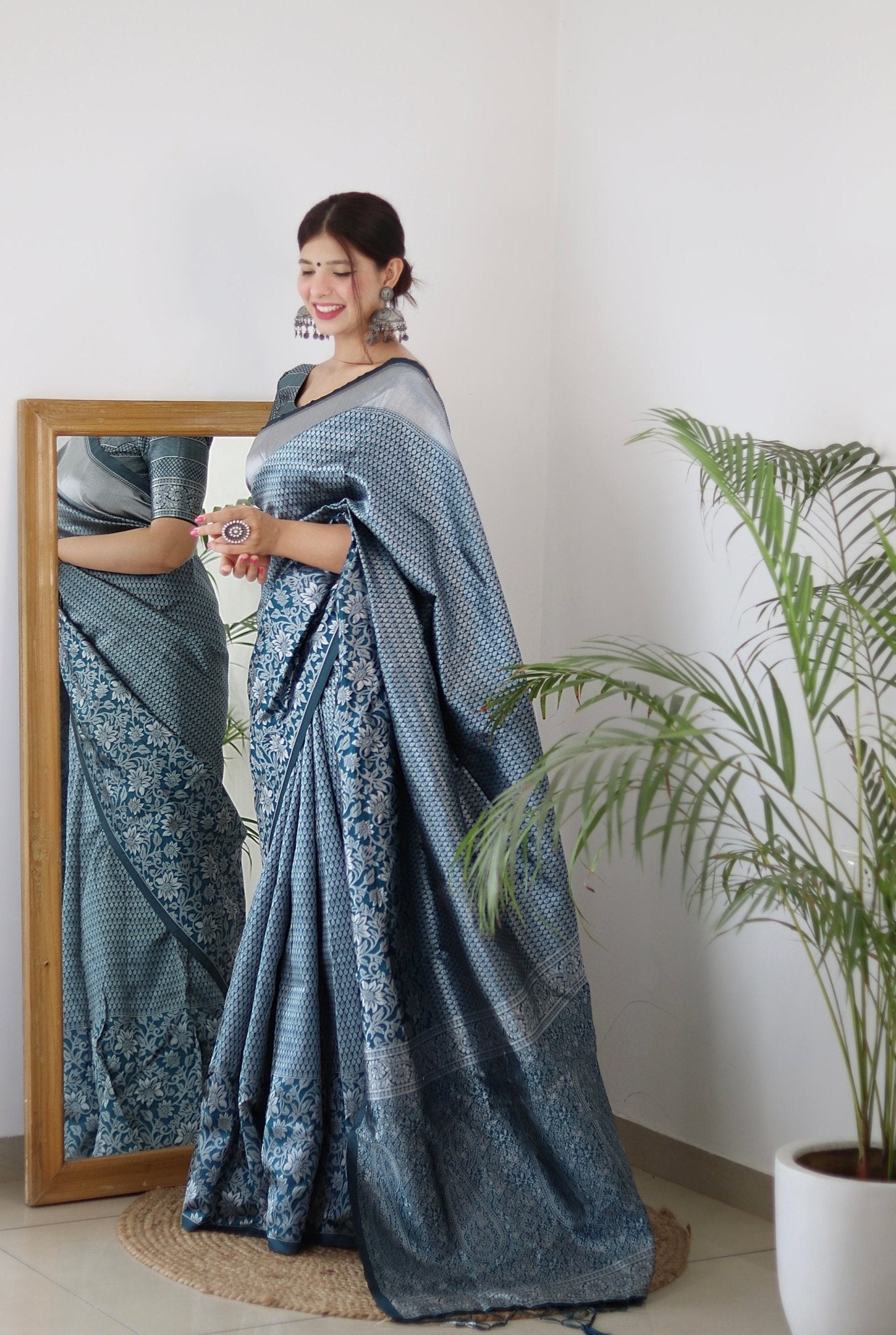 Aqua Blue Pure Banarasi Silk Saree With Twirling Blouse Piece - Almaari Fashion