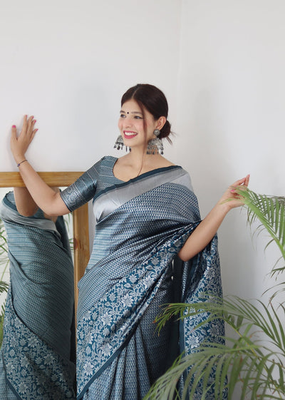 Aqua Blue Pure Banarasi Silk Saree With Twirling Blouse Piece - Almaari Fashion