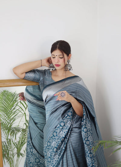 Aqua Blue Pure Kanjivaram Silk Saree With Twirling Blouse Piece - Almaari Fashion