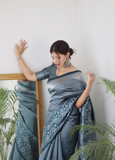 Aqua Blue Pure Kanjivaram Silk Saree With Twirling Blouse Piece - Almaari Fashion