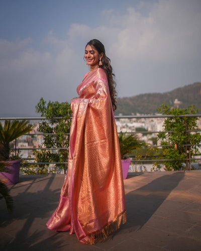 Baby Pink Pure Banarasi Silk Saree With Attractive Blouse Piece - Almaari Fashion