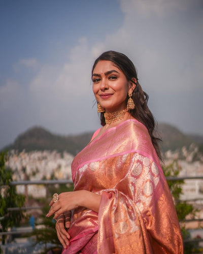 Baby Pink Pure Banarasi Silk Saree With Attractive Blouse Piece - Almaari Fashion