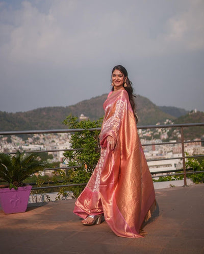 Baby Pink Pure Banarasi Silk Saree With Attractive Blouse Piece - Almaari Fashion