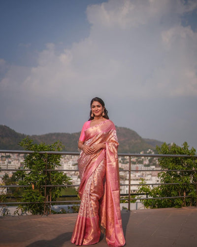 Baby Pink Pure Banarasi Silk Saree With Attractive Blouse Piece - Almaari Fashion