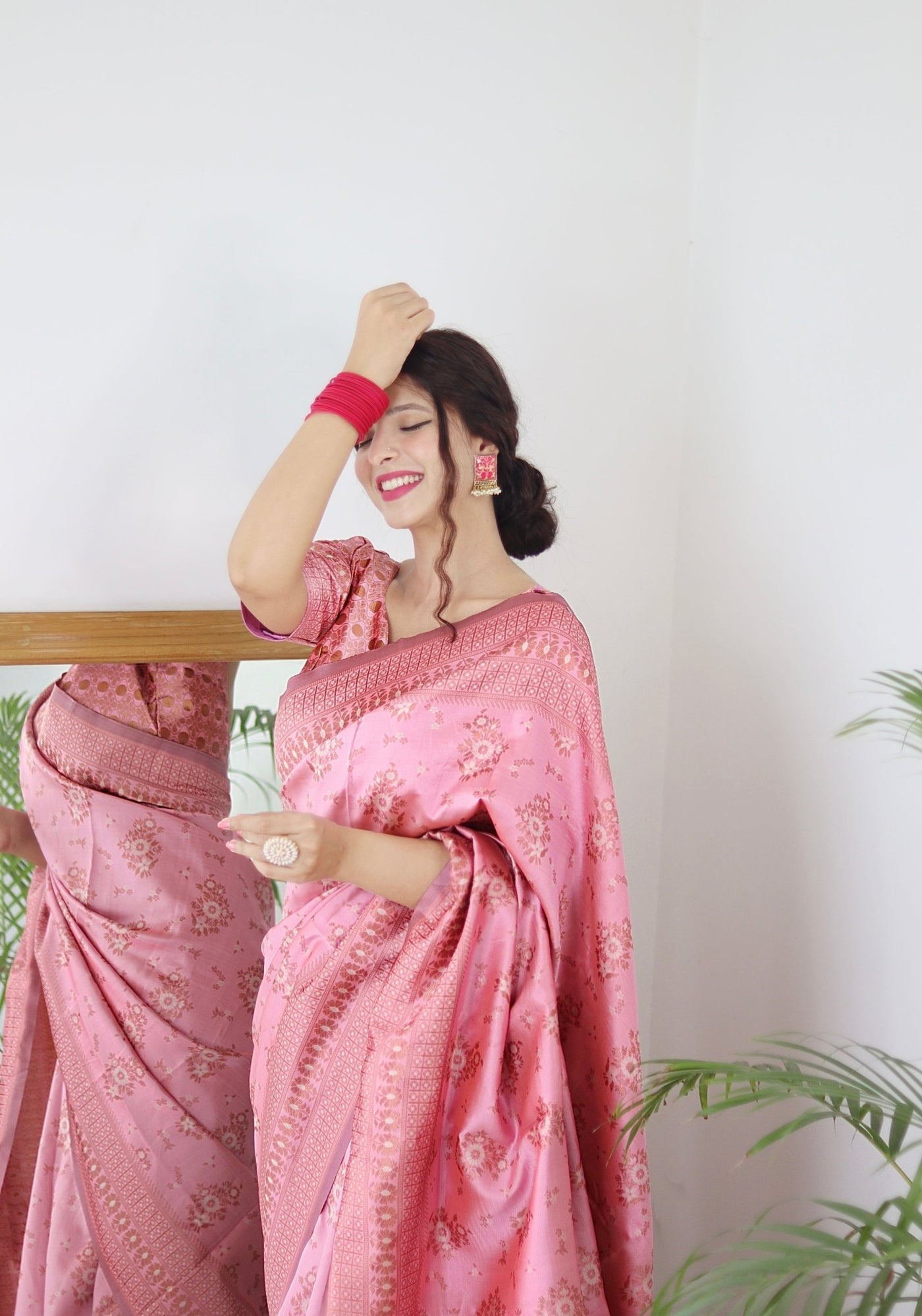 Baby Pink Pure Pure Banarasi Silk With Twirling Blouse Piece - Almaari Fashion