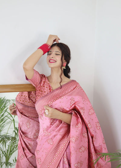 Baby Pink Pure Pure Banarasi Silk With Twirling Blouse Piece - Almaari Fashion