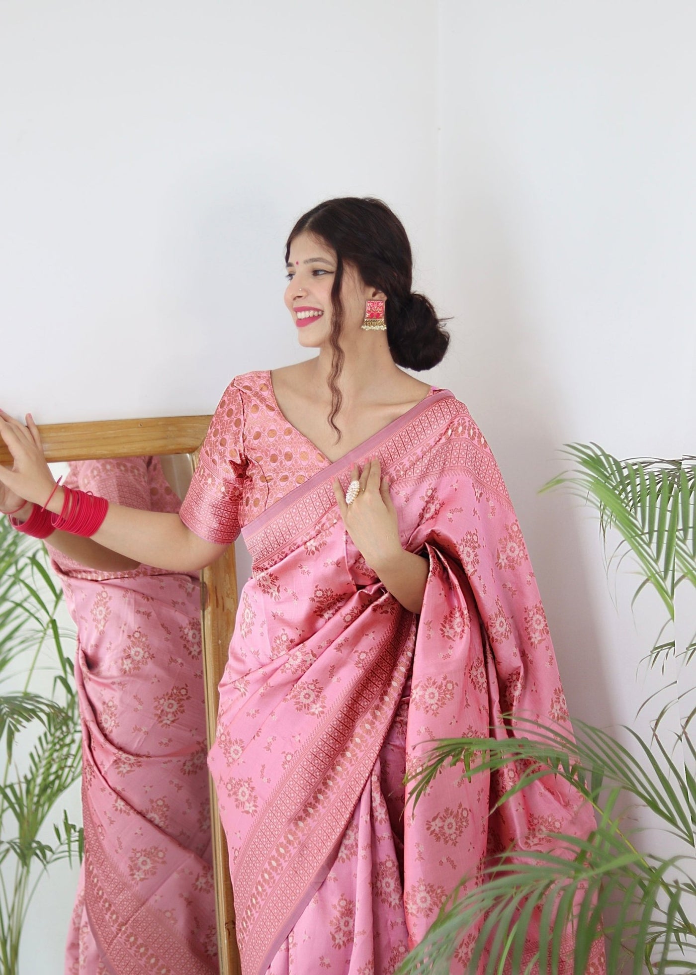 Baby Pink Pure Pure Banarasi Silk With Twirling Blouse Piece - Almaari Fashion