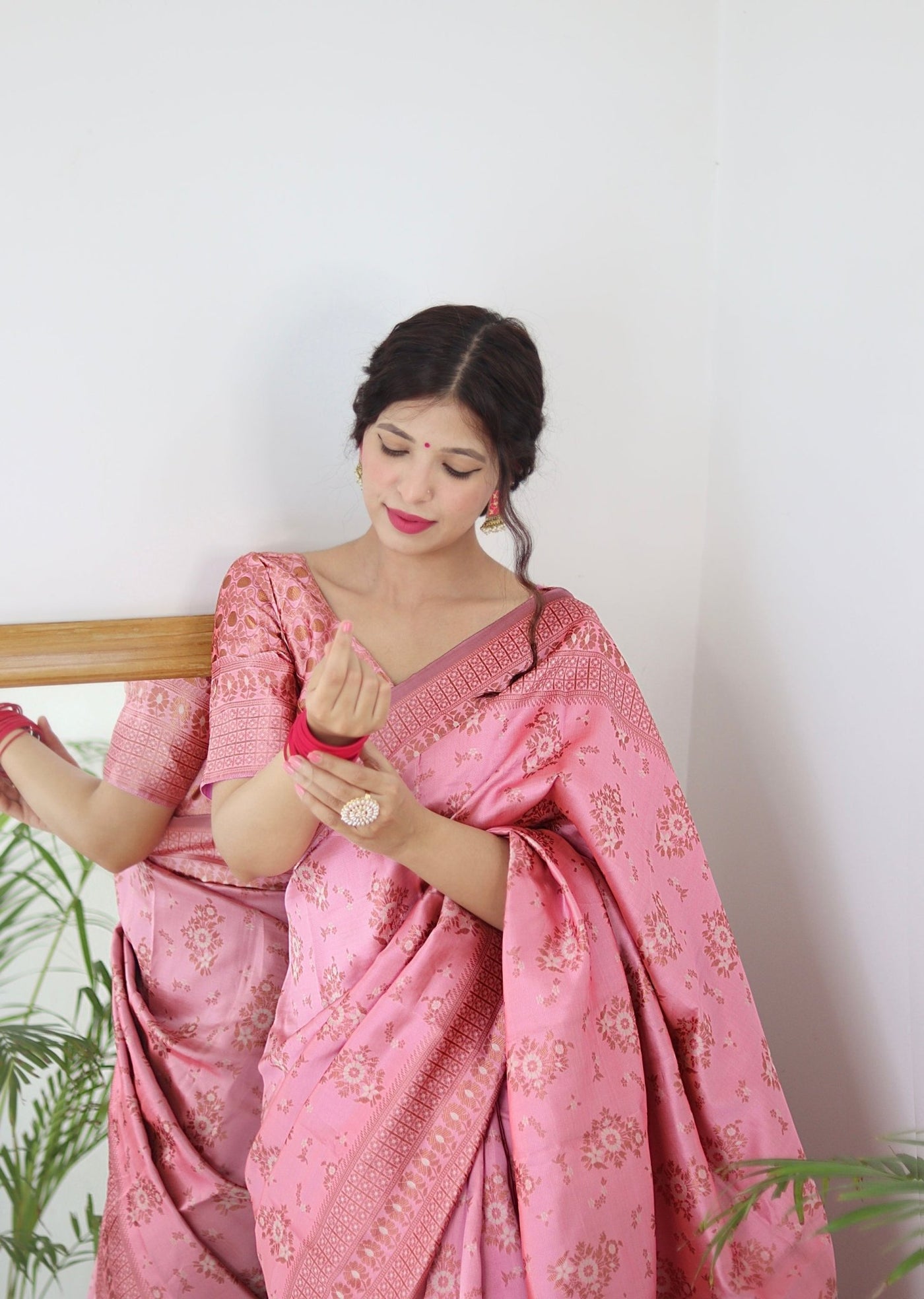 Baby Pink Pure Pure Banarasi Silk With Twirling Blouse Piece - Almaari Fashion