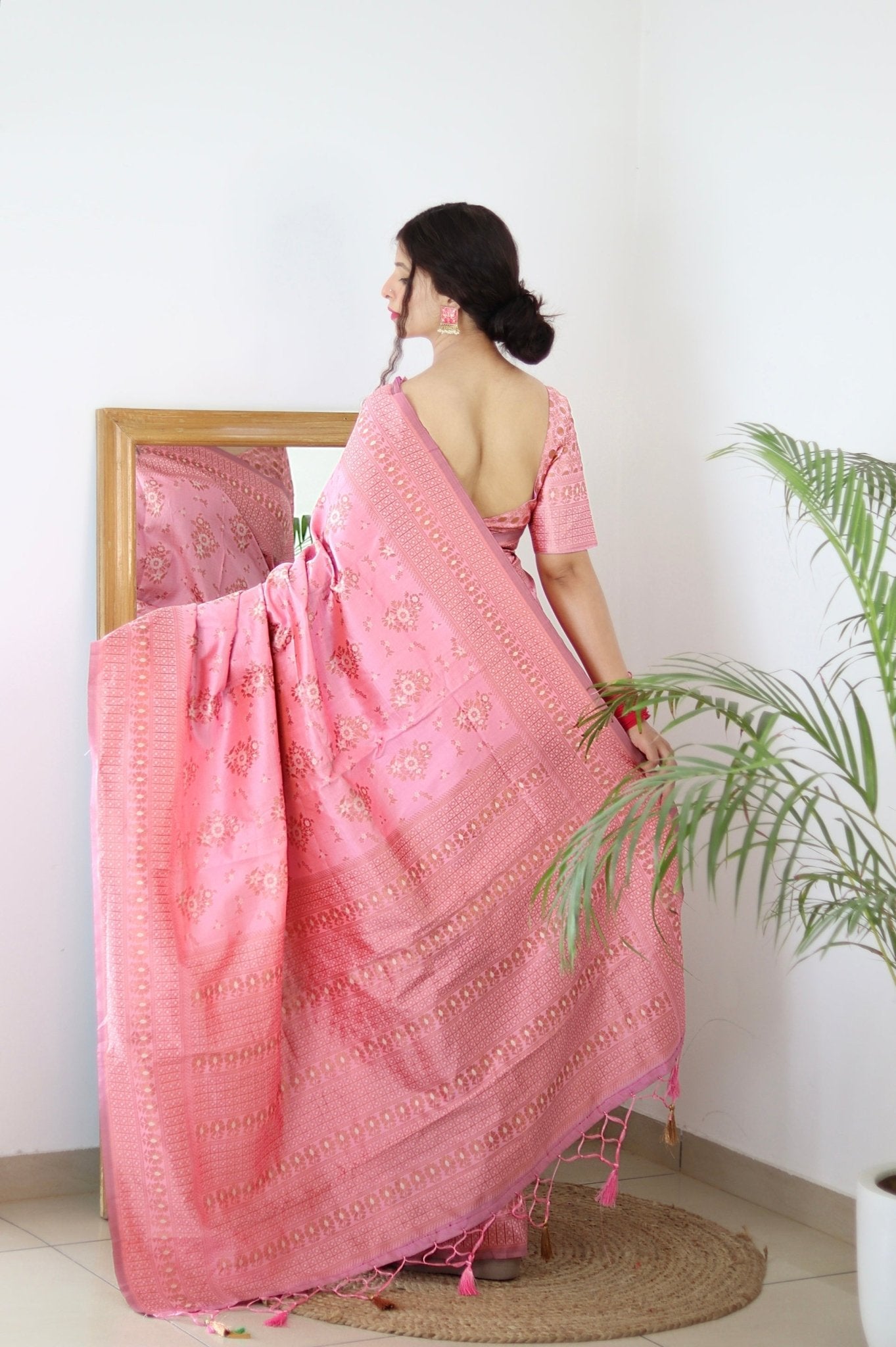 Baby Pink Pure Pure Banarasi Silk With Twirling Blouse Piece - Almaari Fashion