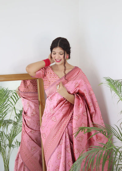 Baby Pink Pure Pure Banarasi Silk With Twirling Blouse Piece - Almaari Fashion