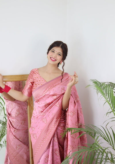 Baby Pink Pure Pure Banarasi Silk With Twirling Blouse Piece - Almaari Fashion