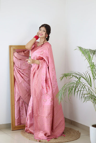 Baby Pink Pure Pure Banarasi Silk With Twirling Blouse Piece - Almaari Fashion