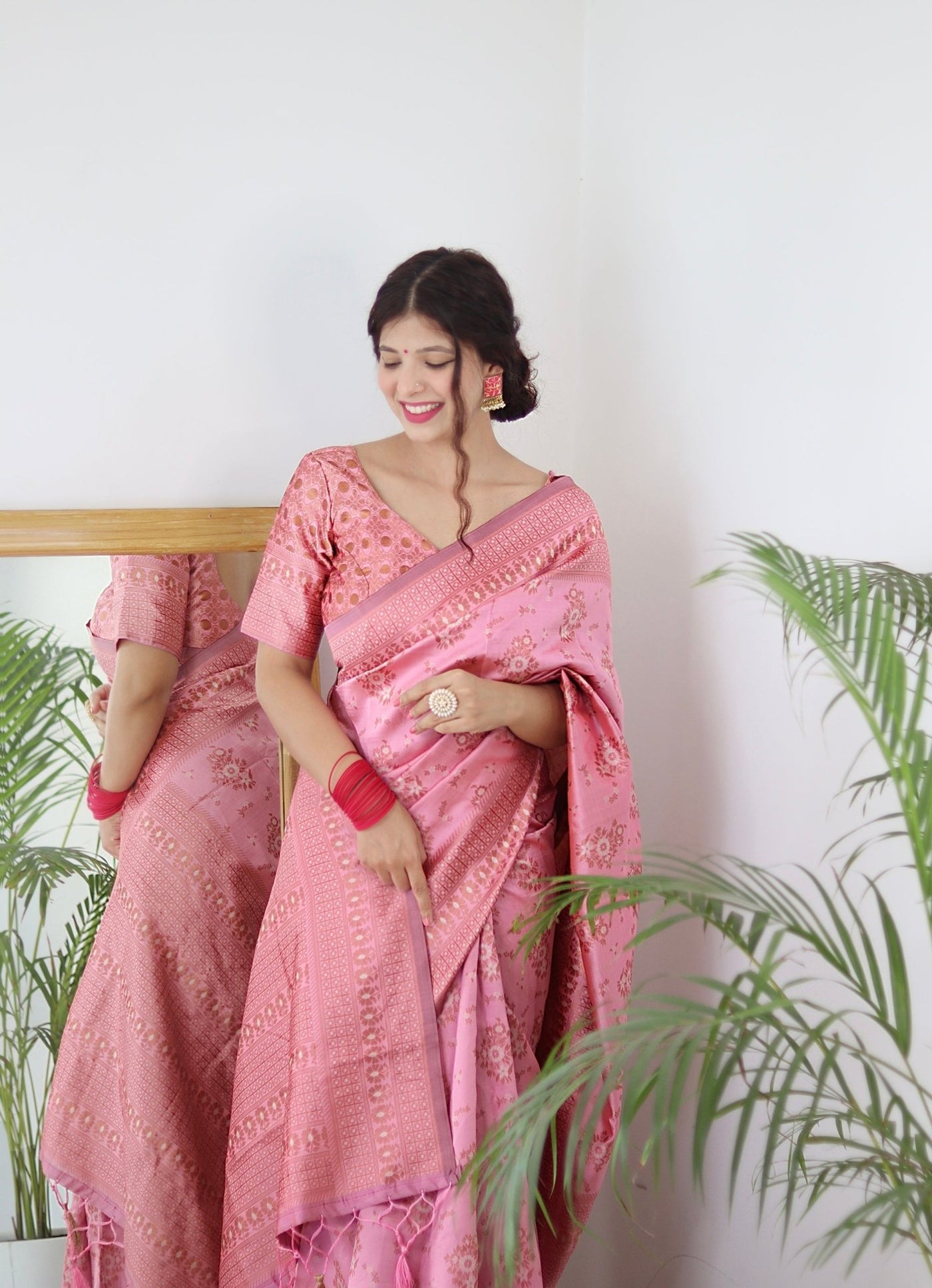 Baby Pink Pure Pure Banarasi Silk With Twirling Blouse Piece - Almaari Fashion