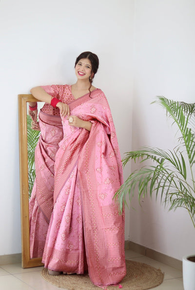 Baby Pink Pure Pure Banarasi Silk With Twirling Blouse Piece - Almaari Fashion