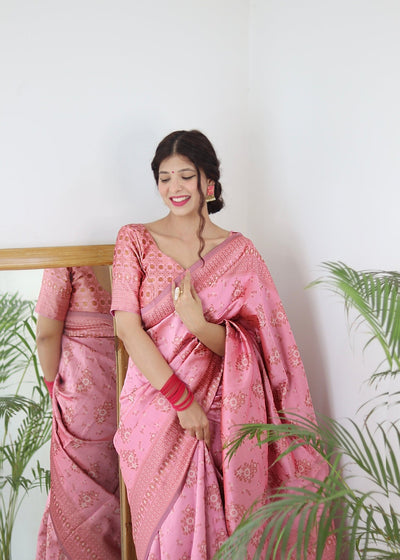 Baby Pink Pure Pure Banarasi Silk With Twirling Blouse Piece - Almaari Fashion