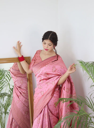 Baby Pink Pure Pure Banarasi Silk With Twirling Blouse Piece - Almaari Fashion